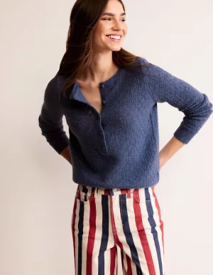 Flauschiger Henley-Pointelle-Pullover-Nachtschattenblau