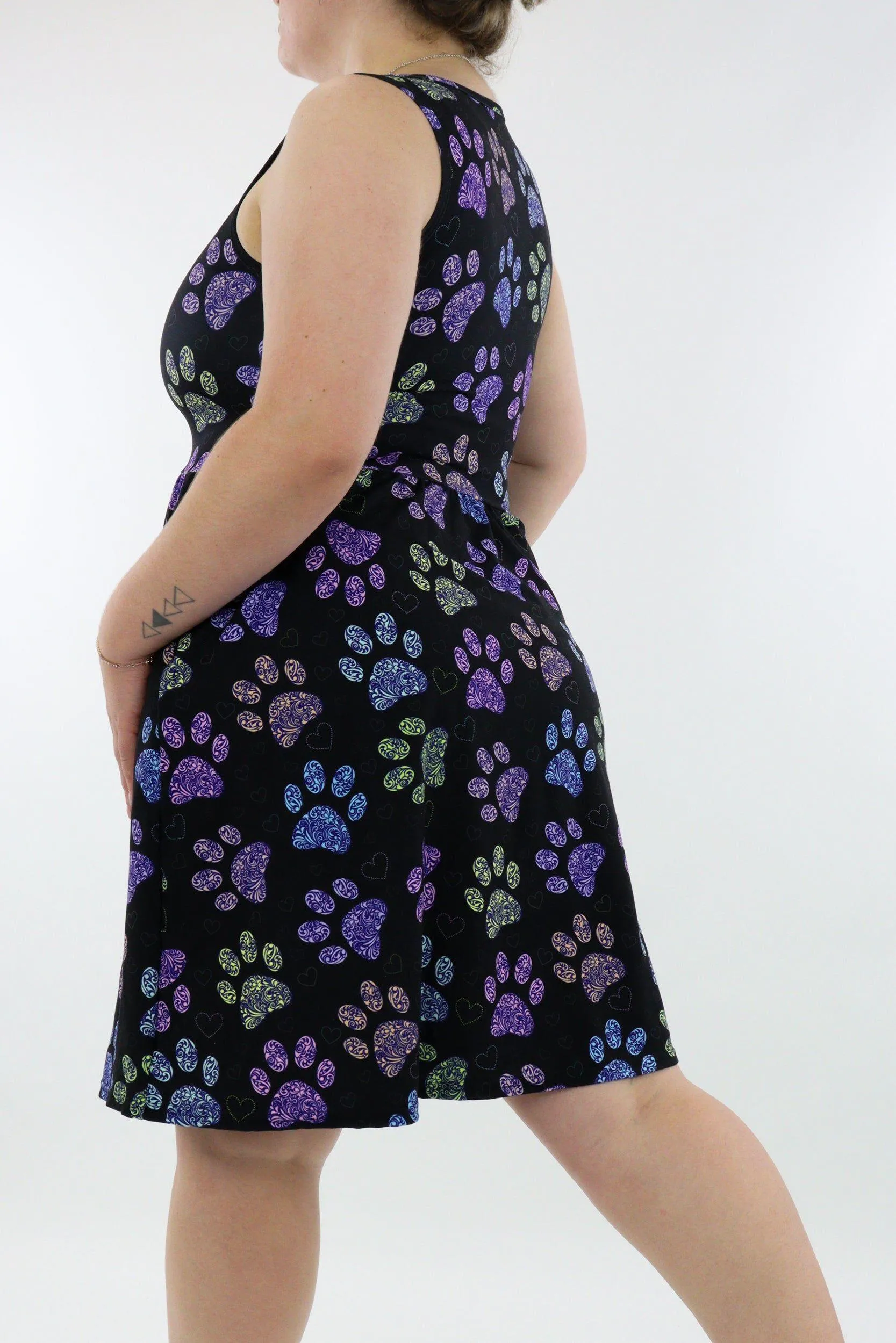 Floral Paws - Sleeveless Skater Dress - Knee Length - Side Pockets