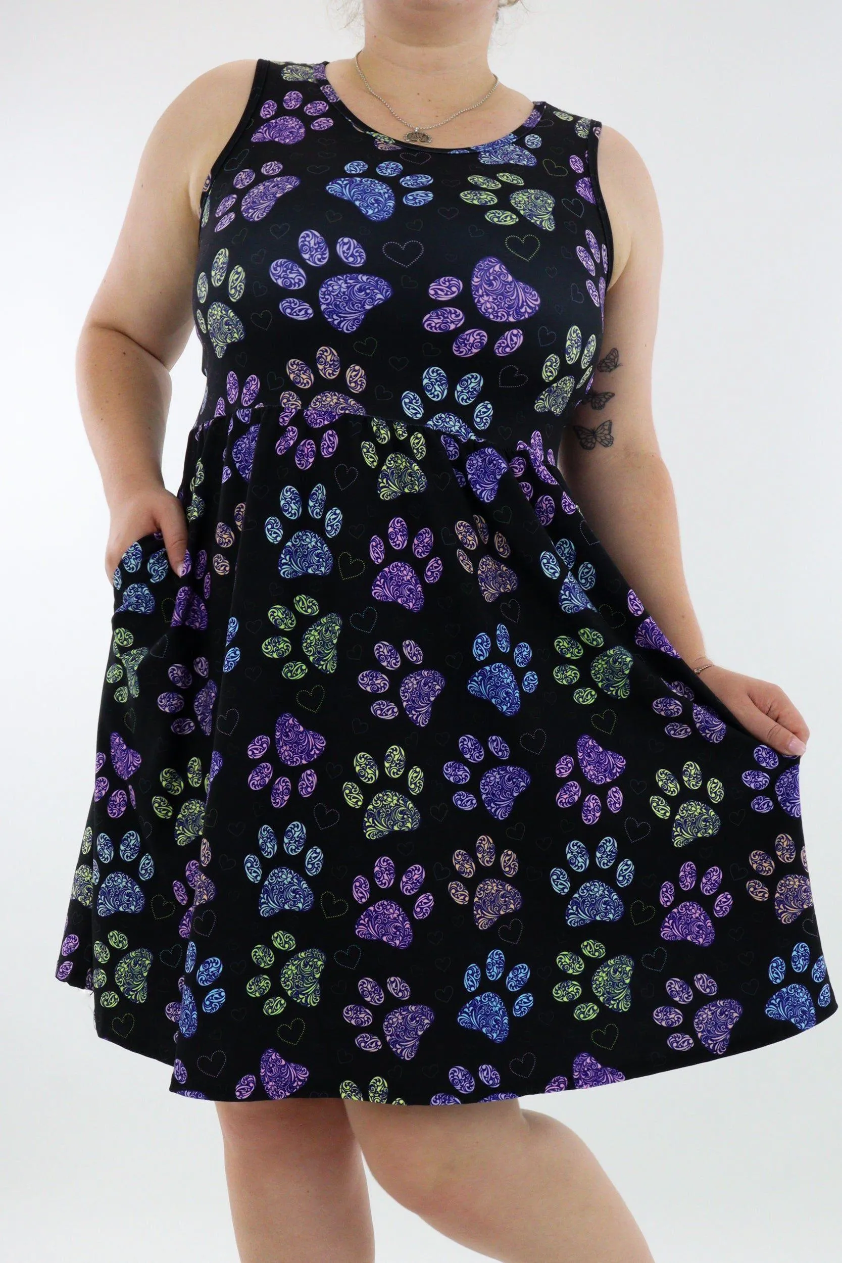 Floral Paws - Sleeveless Skater Dress - Knee Length - Side Pockets