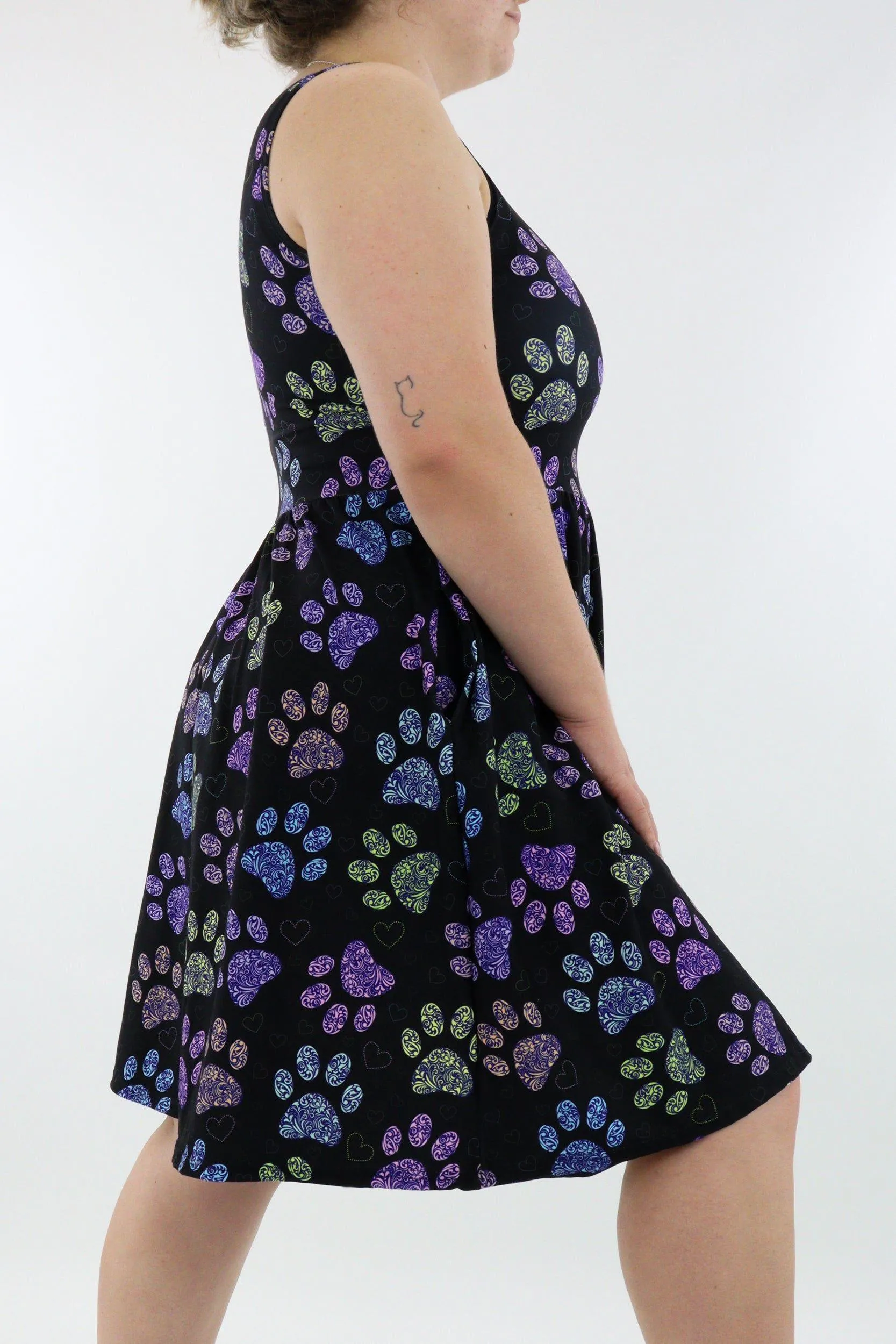 Floral Paws - Sleeveless Skater Dress - Knee Length - Side Pockets