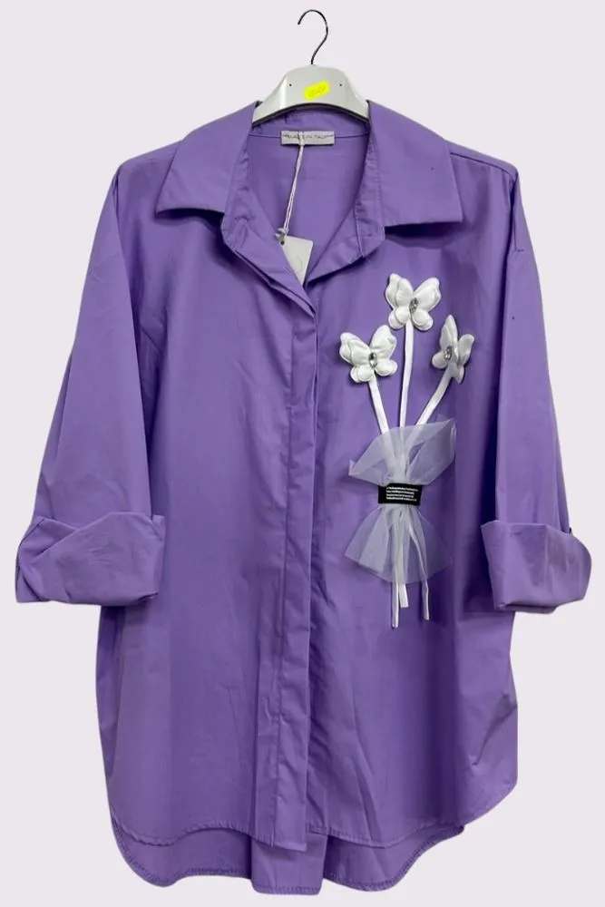 Flower Applique Pattern High Low Hem Shirt