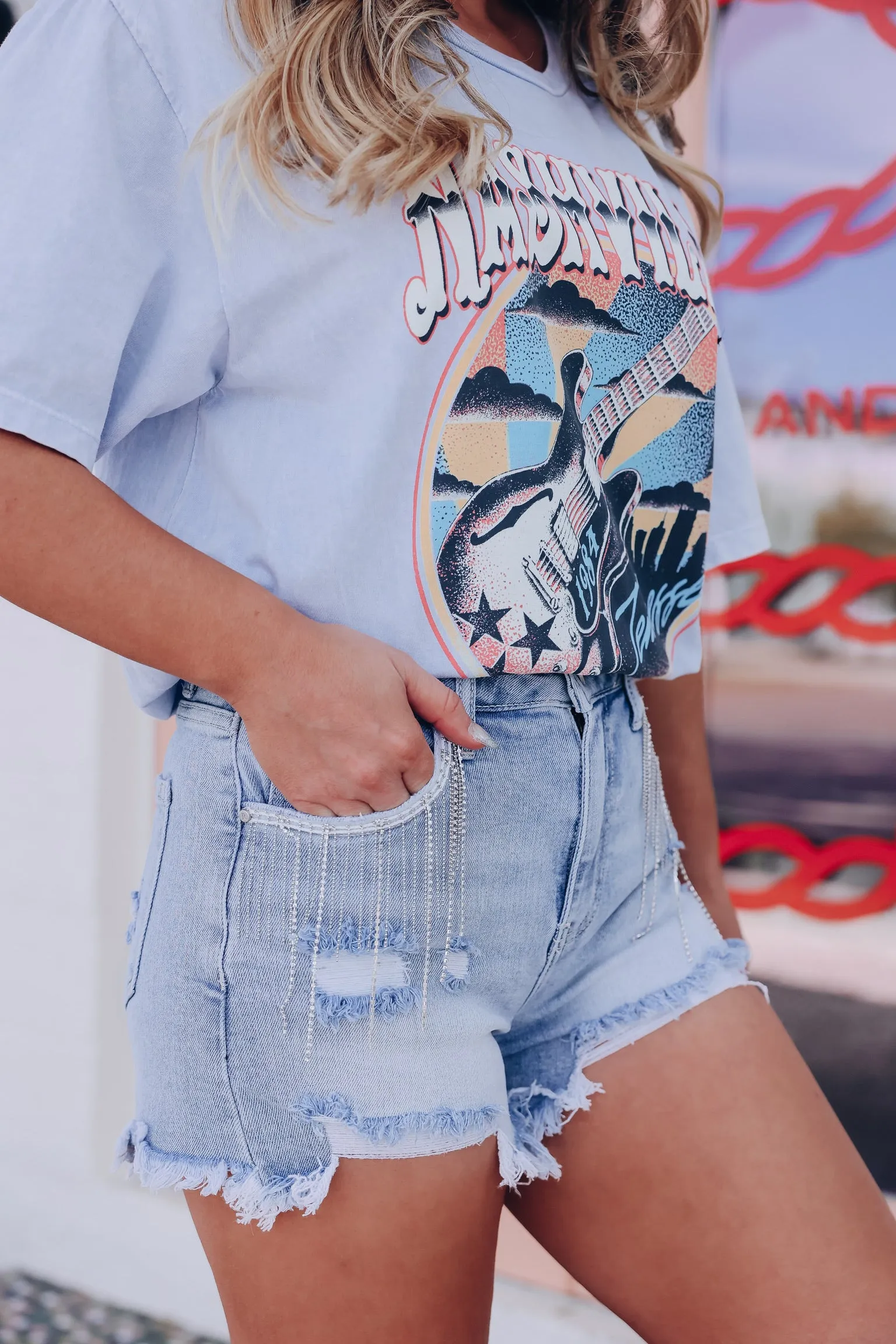 Fringe Pocket Distressed Denim Shorts - Light