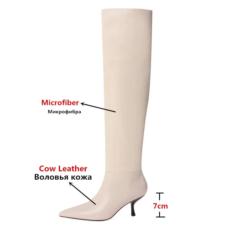 Genuine Leather High Knee Pointed Toe Boots