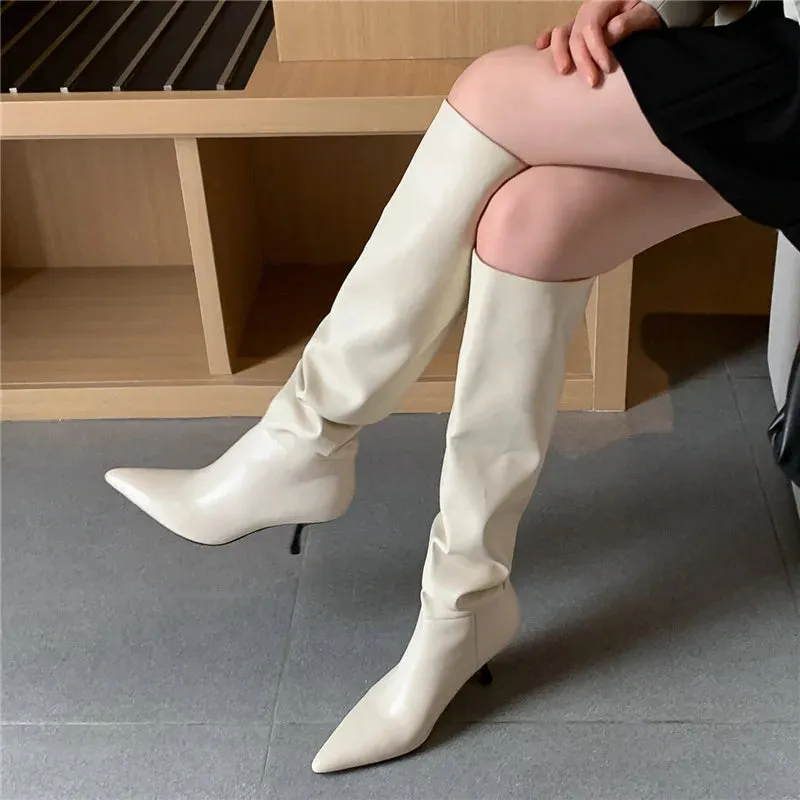 Genuine Leather High Knee Pointed Toe Boots