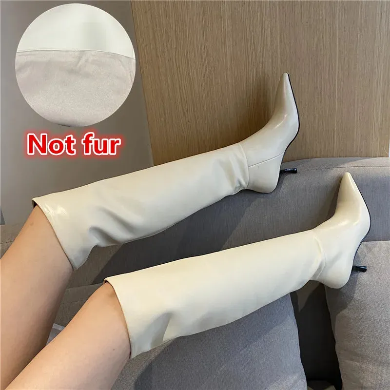 Genuine Leather High Knee Pointed Toe Boots