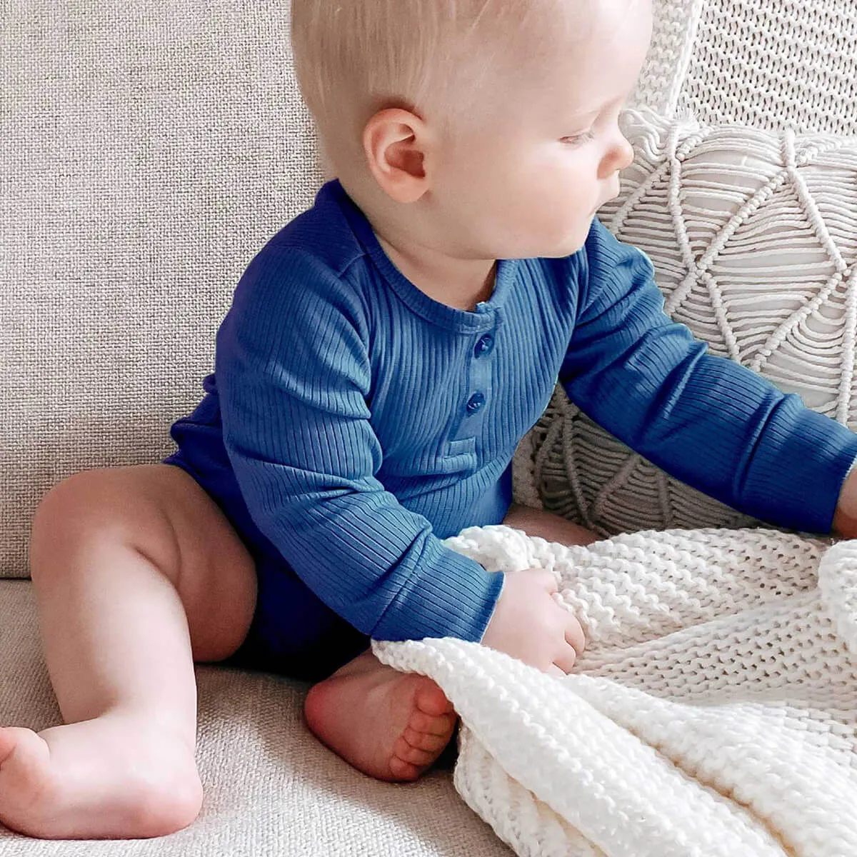 Gerippter Henley Langarm Body GOTS Bio-Baumwolle
