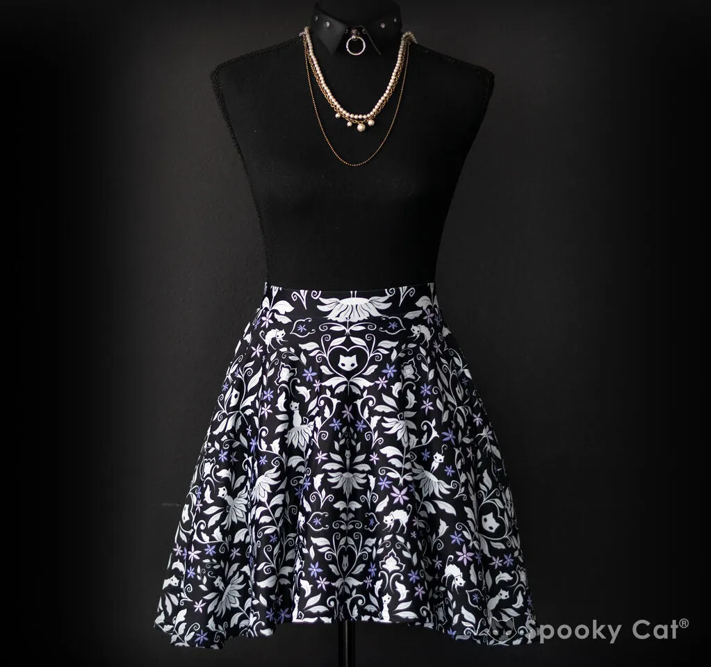 Ghost Cat Damask Skater Skirt