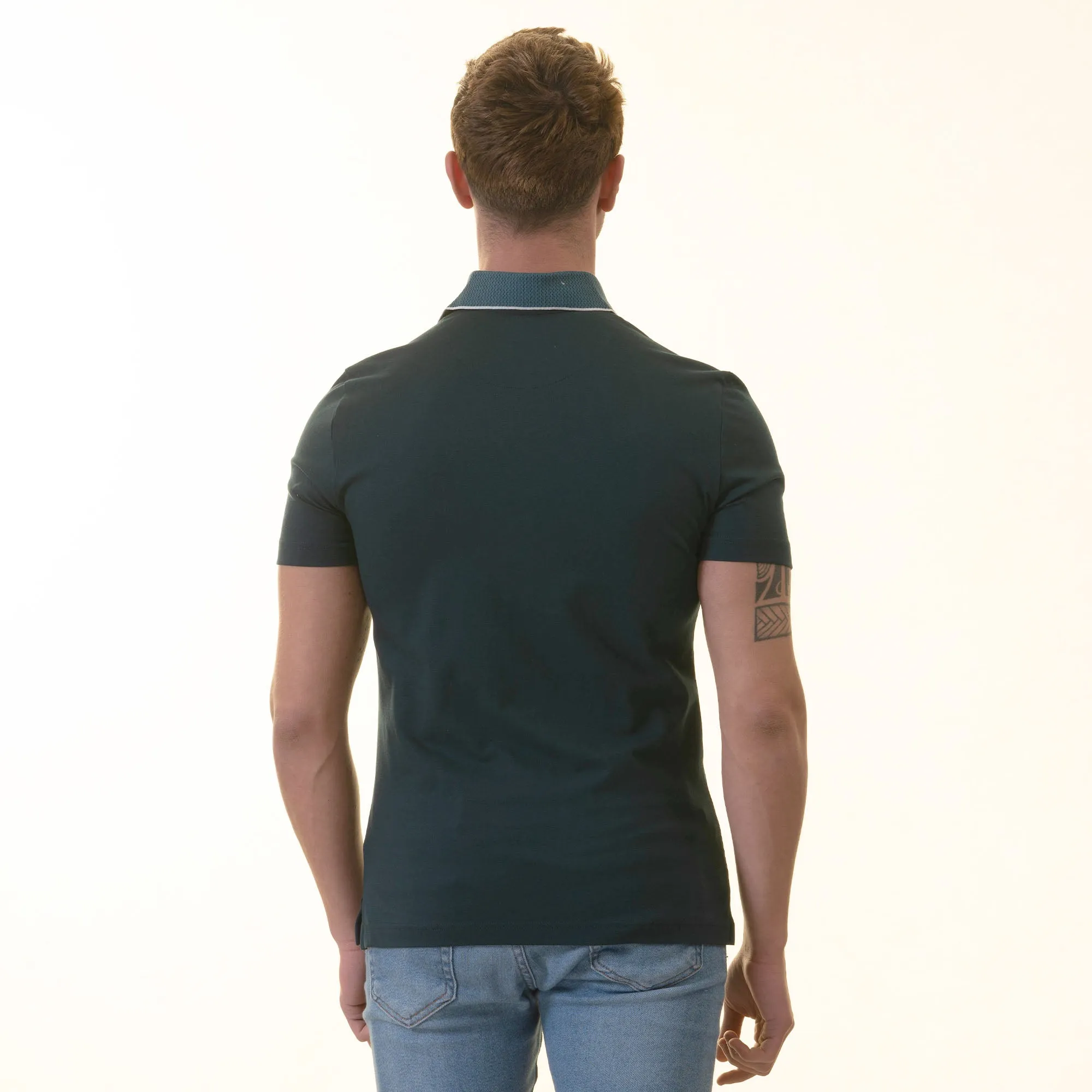 Green inside Checkered Mens Slim Fit Polo Shirts - 100% Soft Cotton - Tailored Comfortable Fit