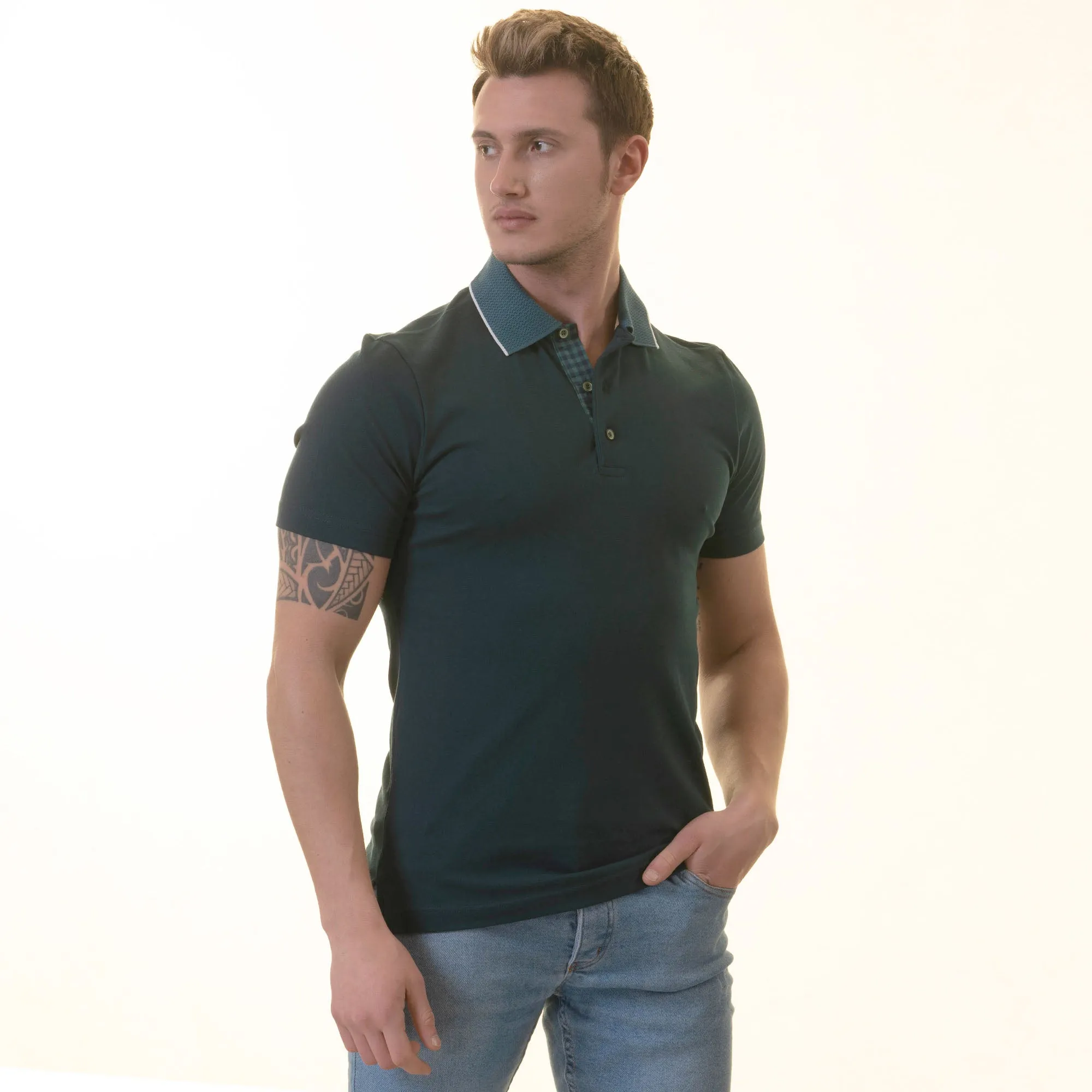 Green inside Checkered Mens Slim Fit Polo Shirts - 100% Soft Cotton - Tailored Comfortable Fit