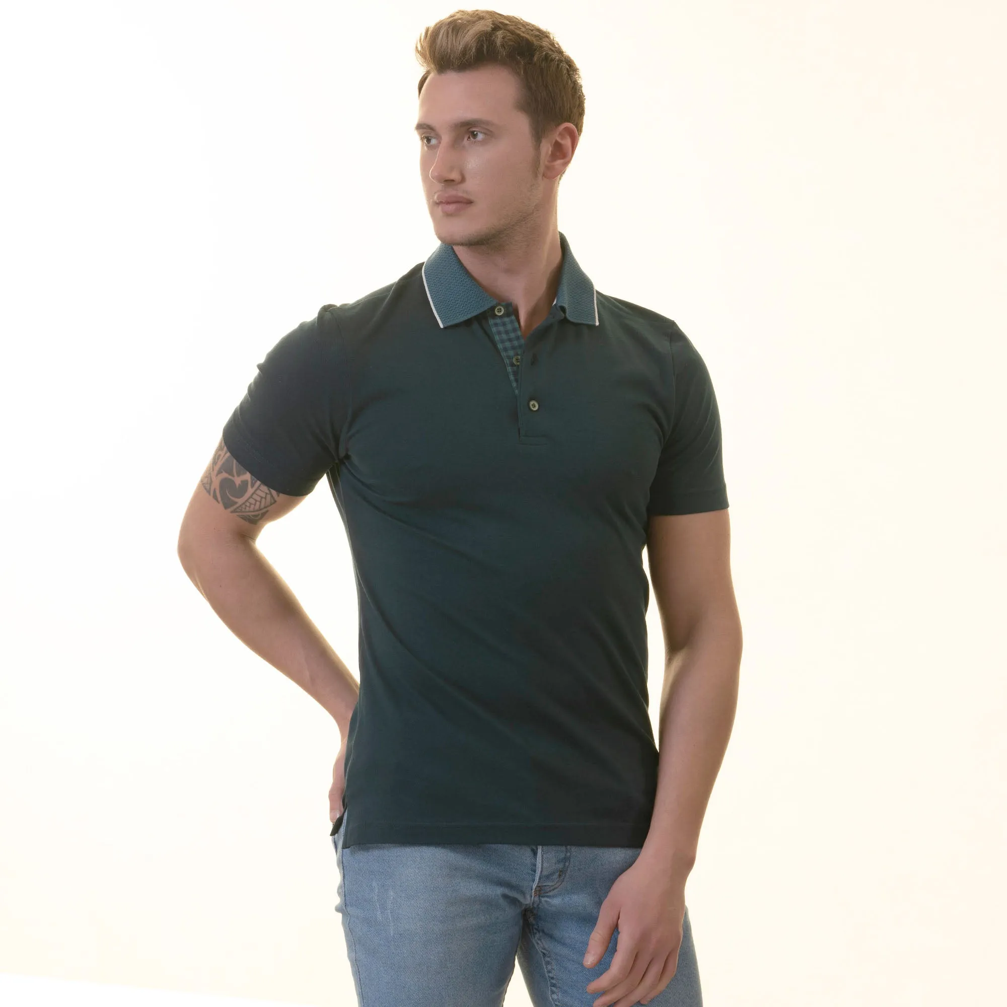 Green inside Checkered Mens Slim Fit Polo Shirts - 100% Soft Cotton - Tailored Comfortable Fit