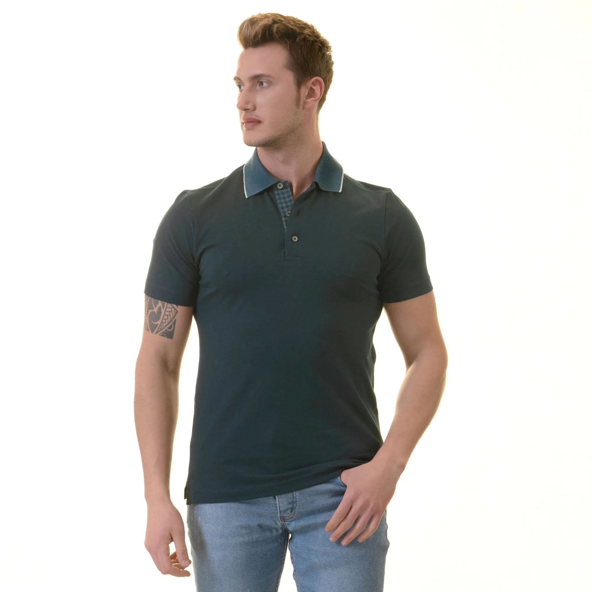 Green inside Checkered Mens Slim Fit Polo Shirts - 100% Soft Cotton - Tailored Comfortable Fit