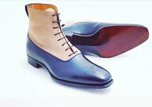 Handmade Two Tone Ankle Boots for Men - Blue and Beige Suede