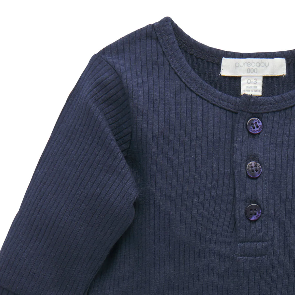 Henley Geripptes Langarm Shirt GOTS Bio-Baumwolle