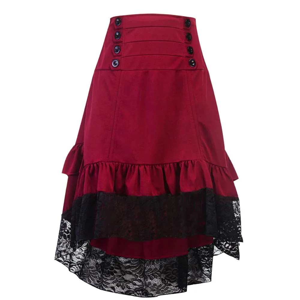 High Low Ruffle Costumes Steampunk Cosplay Skirt Lace Gothic Women Party Lolita Red Button Front Medieval Victorian Punk Skater