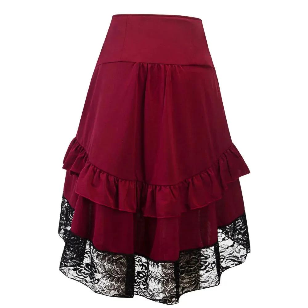 High Low Ruffle Costumes Steampunk Cosplay Skirt Lace Gothic Women Party Lolita Red Button Front Medieval Victorian Punk Skater