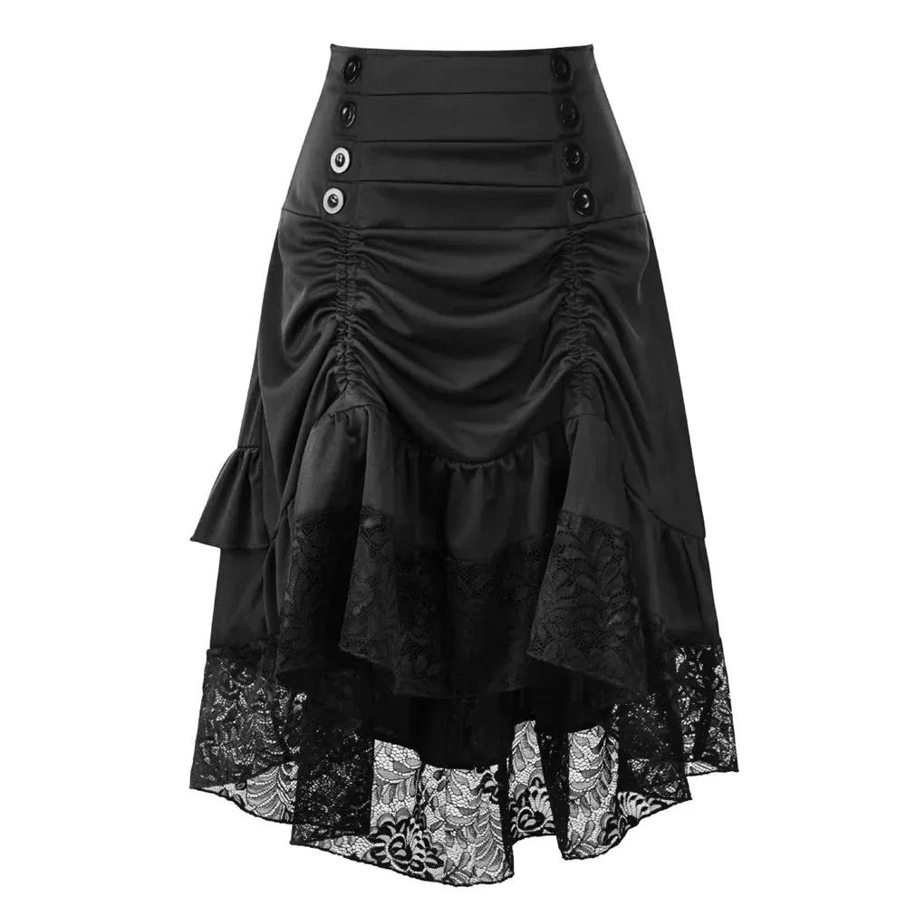 High Low Ruffle Costumes Steampunk Cosplay Skirt Lace Gothic Women Party Lolita Red Button Front Medieval Victorian Punk Skater
