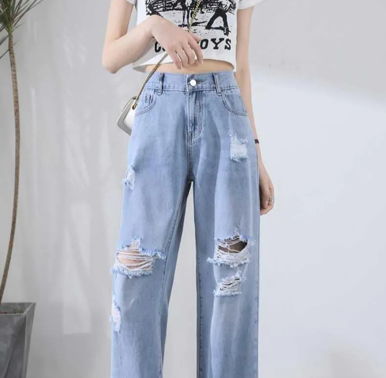 High-Waisted Loose-Fit Ripped Jeans for Women