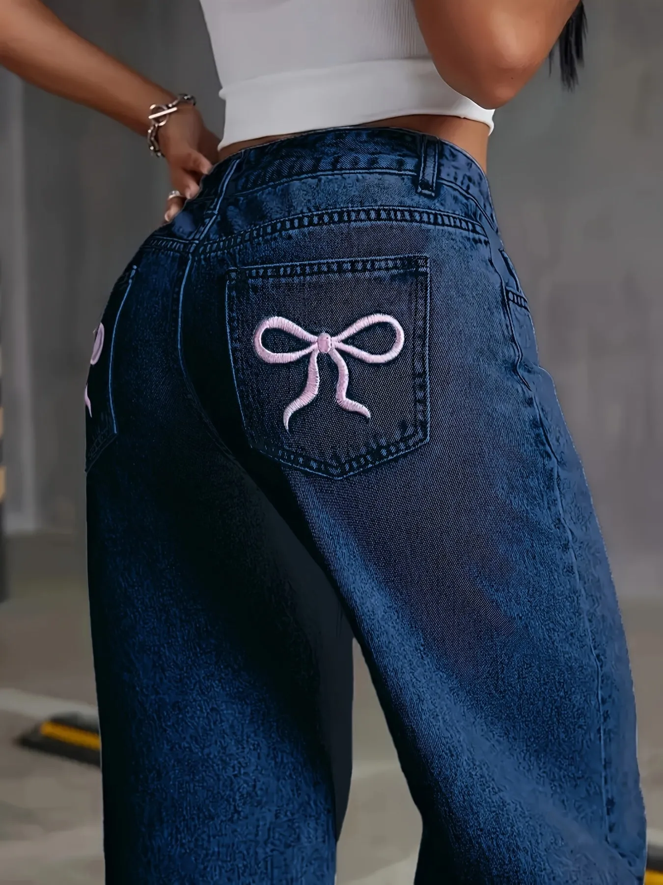 High-Waisted Wide Leg Denim Jeans – Bow Embroidery & Light Blue Wash