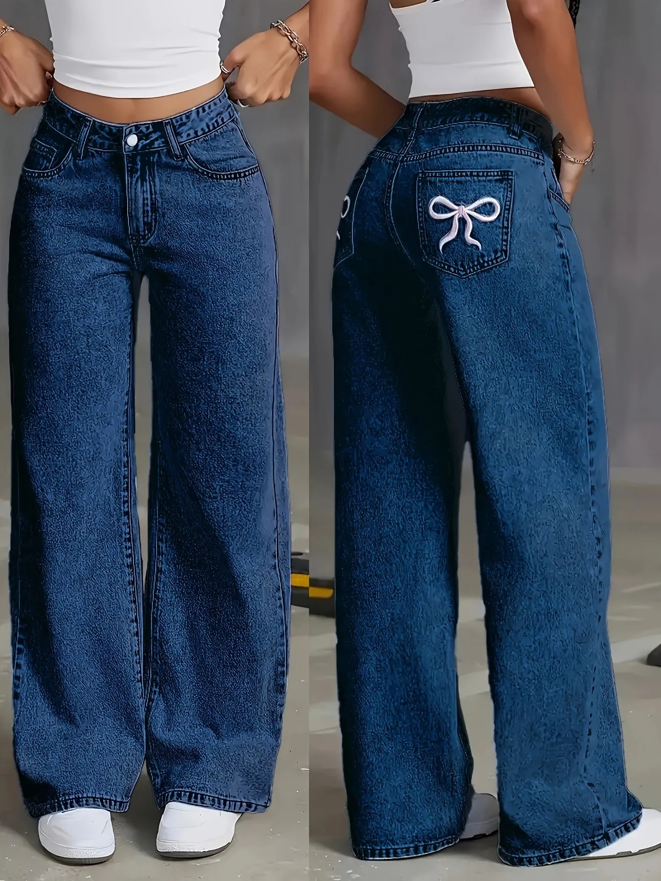 High-Waisted Wide Leg Denim Jeans – Bow Embroidery & Light Blue Wash