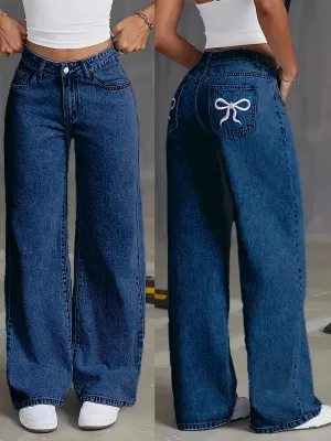 High-Waisted Wide Leg Denim Jeans – Bow Embroidery & Light Blue Wash