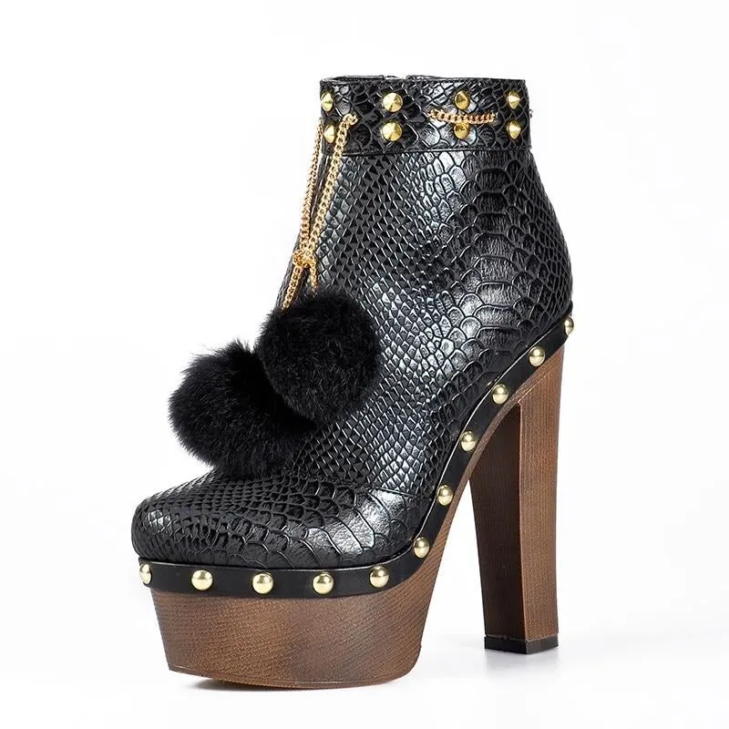 Hot Sale Snake PU Boots Women Ankle Boots Sexy Thick High Heel Women Platform Boots Wedge Boots with Fur Pompom Winter Spring