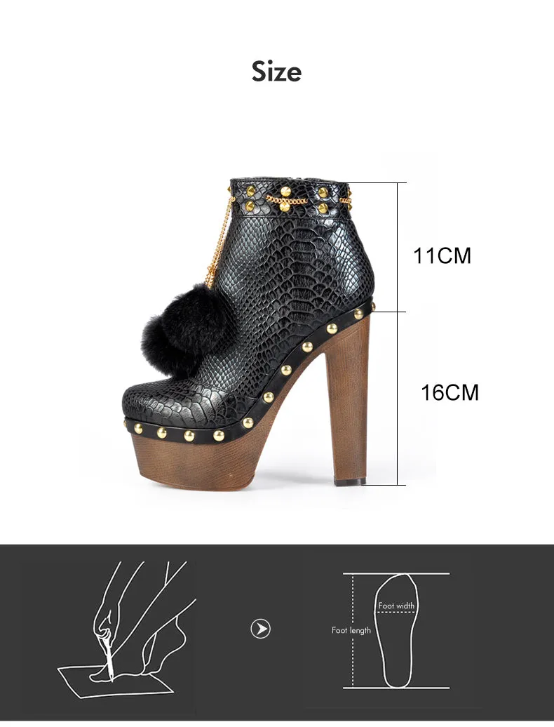 Hot Sale Snake PU Boots Women Ankle Boots Sexy Thick High Heel Women Platform Boots Wedge Boots with Fur Pompom Winter Spring