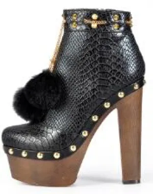 Hot Sale Snake PU Boots Women Ankle Boots Sexy Thick High Heel Women Platform Boots Wedge Boots with Fur Pompom Winter Spring