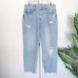 𝅺JOE'S Blue Mid / Light Wash High Waist Straight Leg Raw Hem Distressed Jeans 28