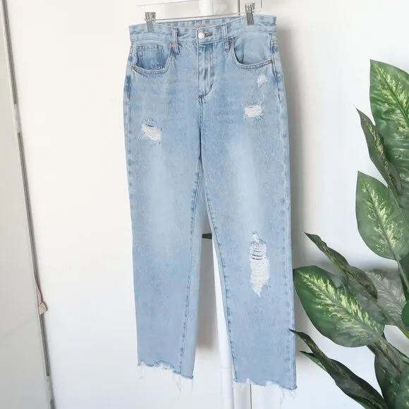 𝅺JOE'S Blue Mid / Light Wash High Waist Straight Leg Raw Hem Distressed Jeans 28