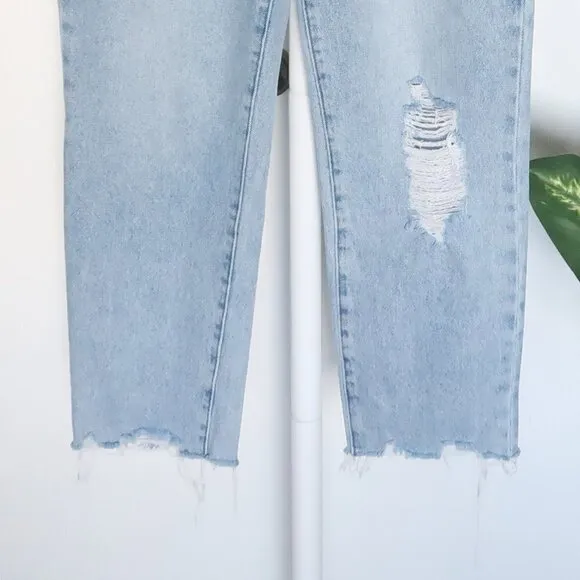 𝅺JOE'S Blue Mid / Light Wash High Waist Straight Leg Raw Hem Distressed Jeans 28