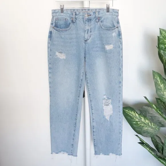 𝅺JOE'S Blue Mid / Light Wash High Waist Straight Leg Raw Hem Distressed Jeans 28