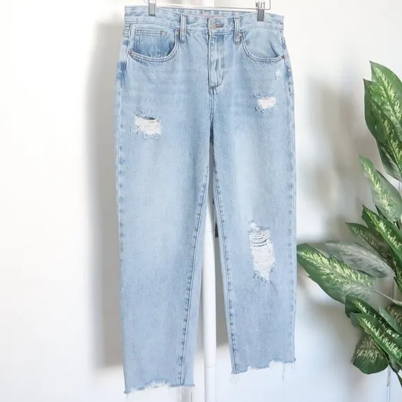 𝅺JOE'S Blue Mid / Light Wash High Waist Straight Leg Raw Hem Distressed Jeans 28