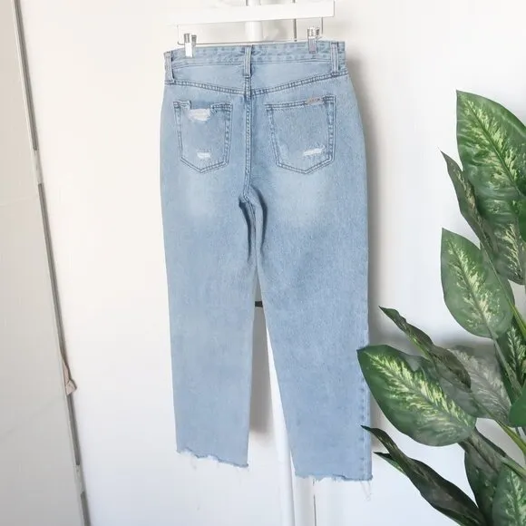 𝅺JOE'S Blue Mid / Light Wash High Waist Straight Leg Raw Hem Distressed Jeans 28