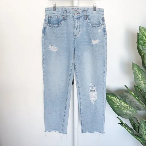 𝅺JOE'S Blue Mid / Light Wash High Waist Straight Leg Raw Hem Distressed Jeans 28