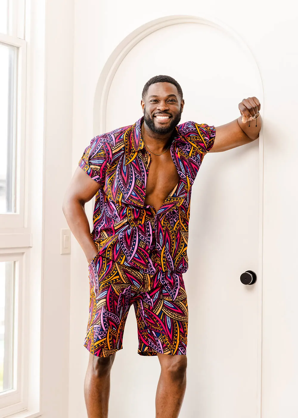 Keyon Men's African Print Button-Up Shirt (Sunset Leaves) - Clearance