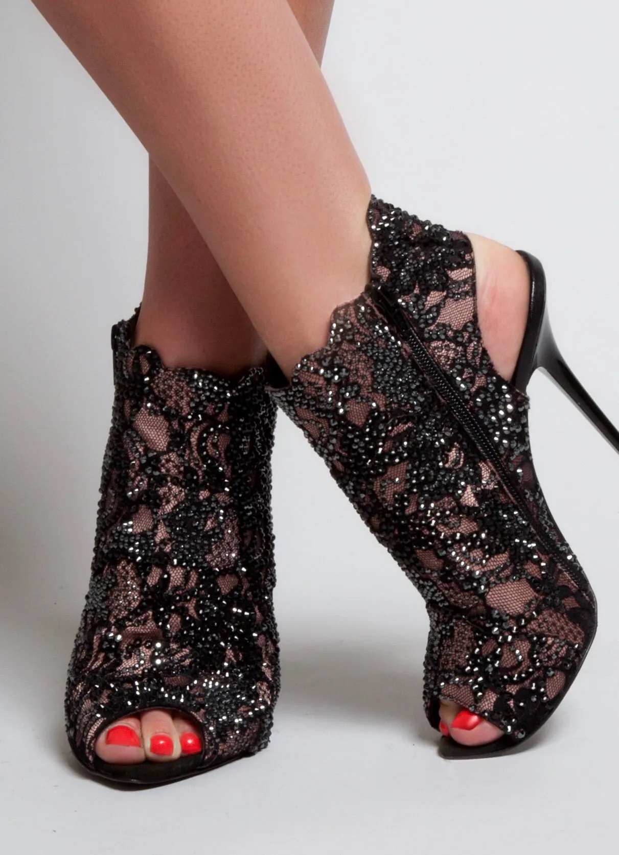 Lace boots peep toe