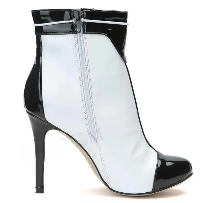 Large Size 47 Women Short Boots Side Zip Black White Heeled Ankle Boots