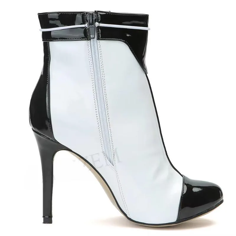 Large Size 47 Women Short Boots Side Zip Black White Heeled Ankle Boots