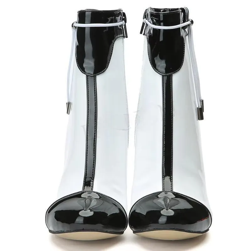 Large Size 47 Women Short Boots Side Zip Black White Heeled Ankle Boots