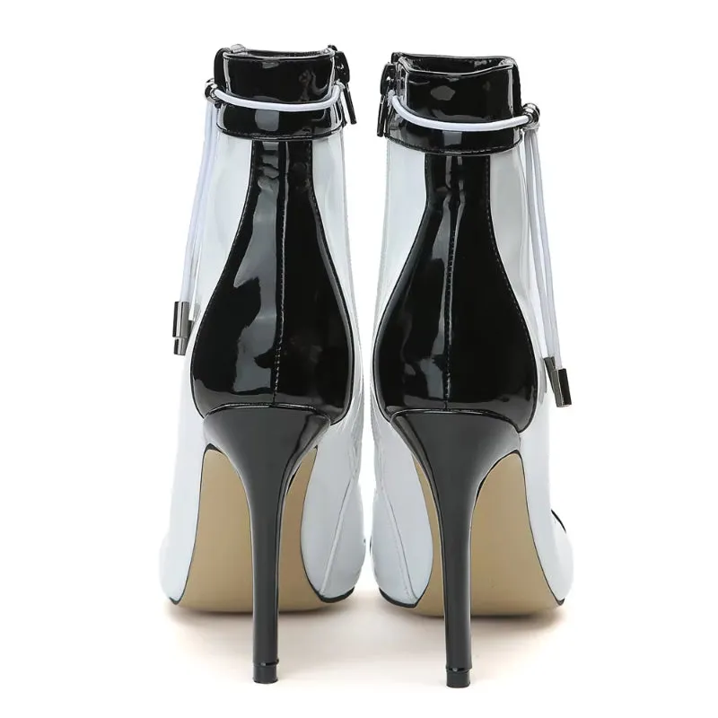 Large Size 47 Women Short Boots Side Zip Black White Heeled Ankle Boots