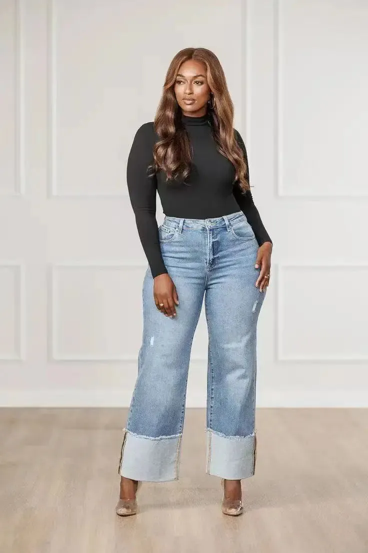 Light Washed Denim Ripped Wide Hem Jeans