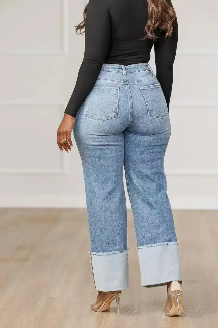 Light Washed Denim Ripped Wide Hem Jeans
