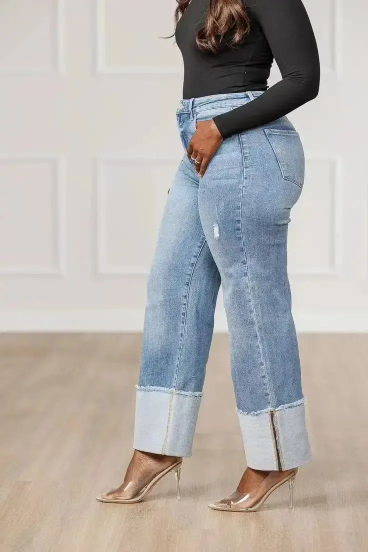 Light Washed Denim Ripped Wide Hem Jeans