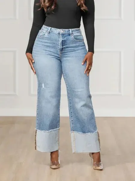 Light Washed Denim Ripped Wide Hem Jeans