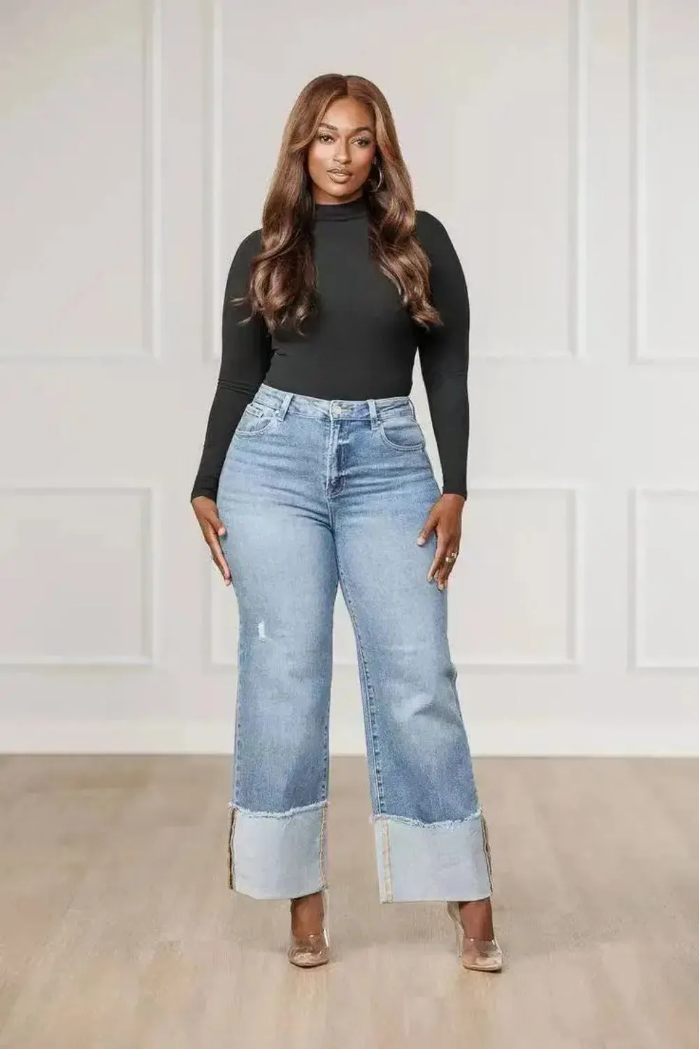 Light Washed Denim Ripped Wide Hem Jeans