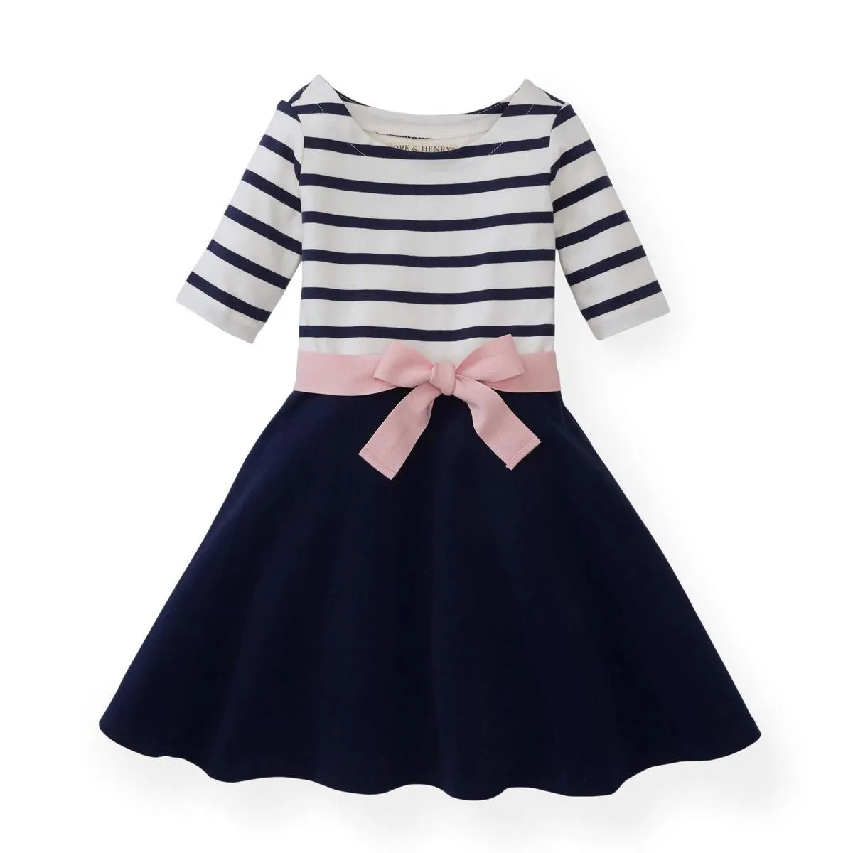 Lightweight Blocked Organic Skater Dress - Navy with Light Pink Ribbon