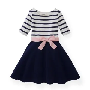 Lightweight Blocked Organic Skater Dress - Navy with Light Pink Ribbon