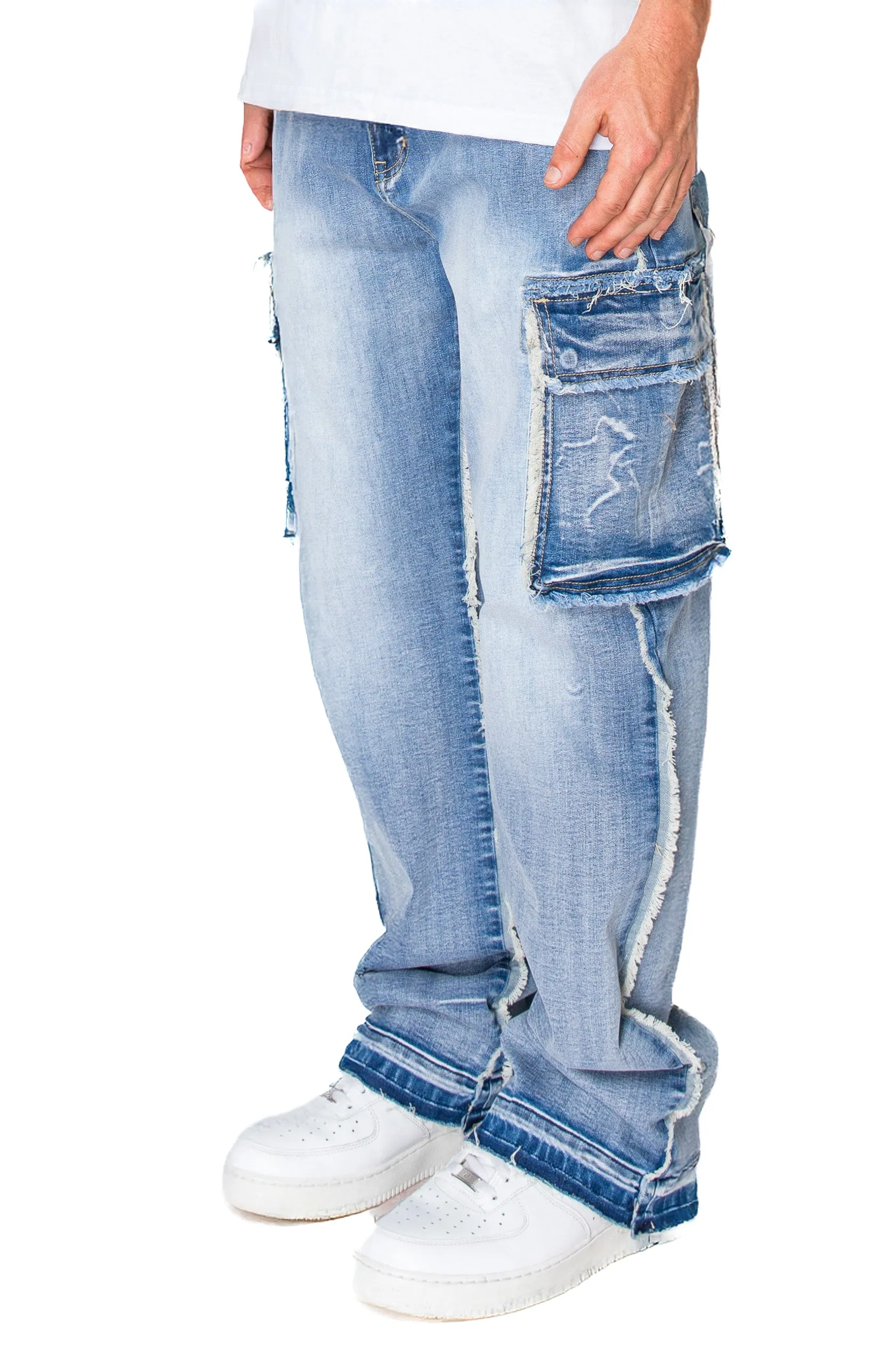 Loose Fit Raw Edge Cargo Jeans