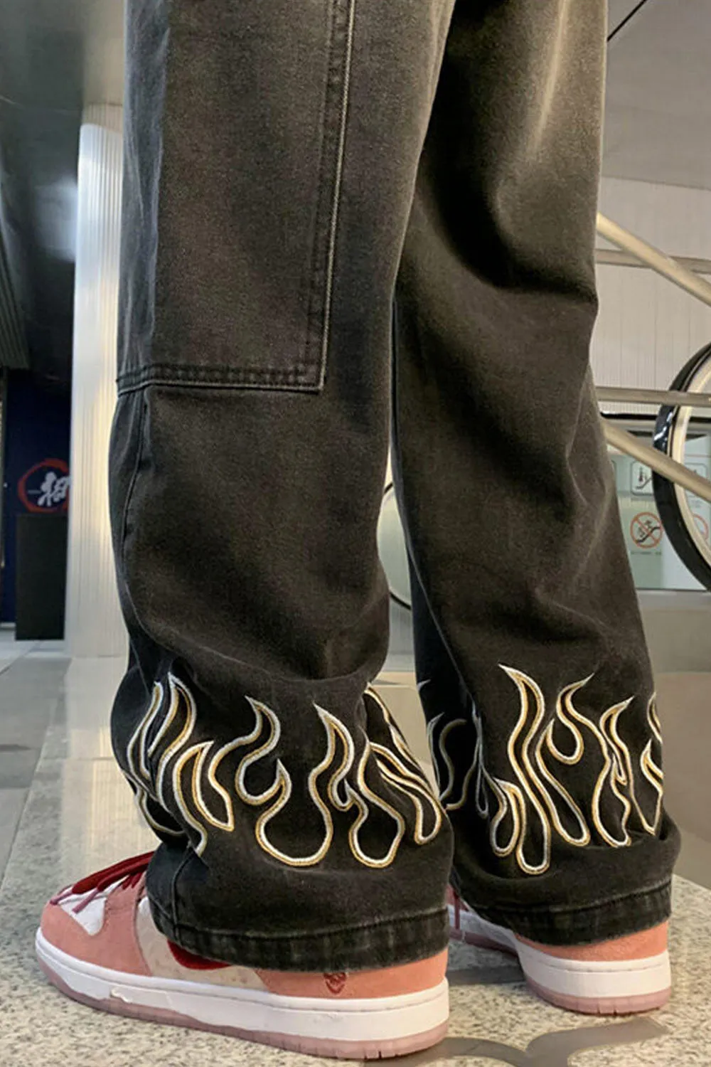Loose Flame Embroidered Jeans Pants