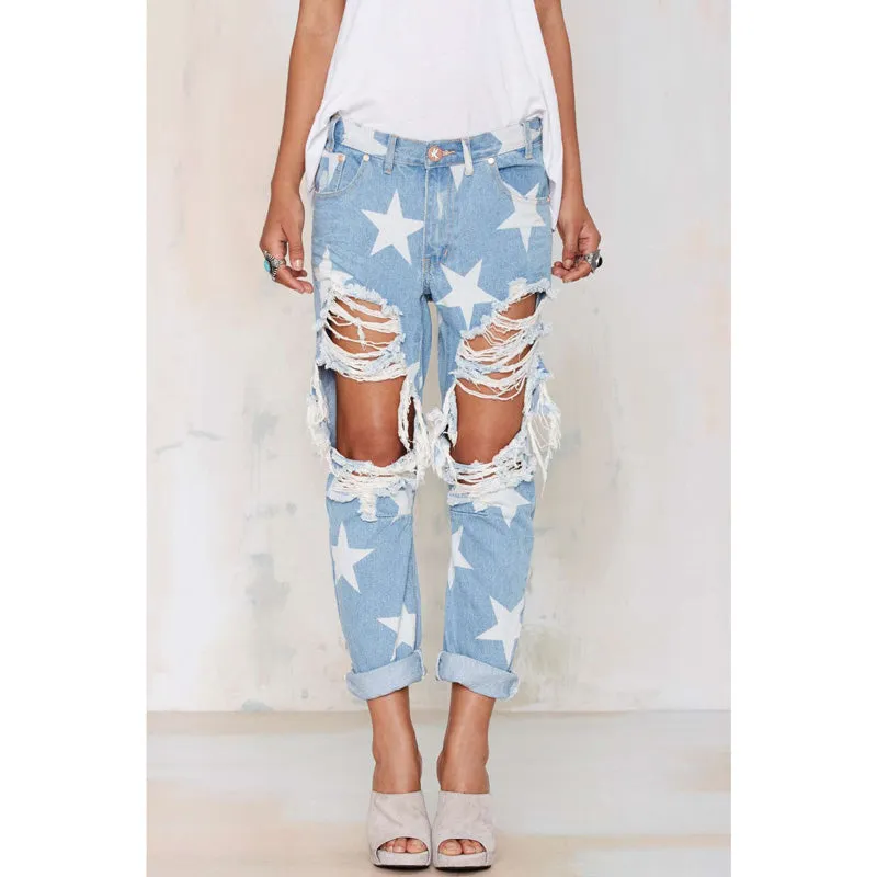 Loose Straight Pants Ninth Pants Mid Waist Women's Ripped Jeans